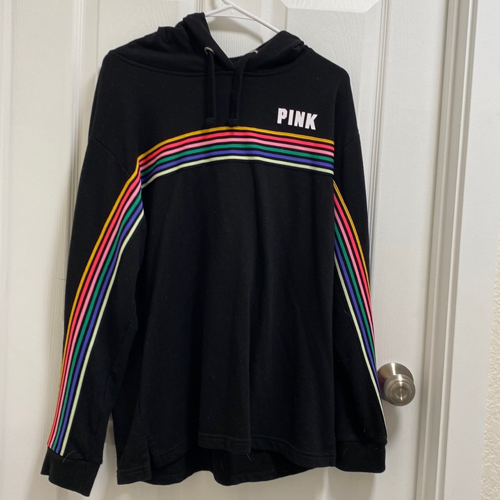 PINK Leigh’s weight black hoodie with rainbow stripe accent. Size Large